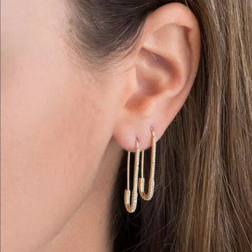 Gold Pavé Safety Pin Earrings